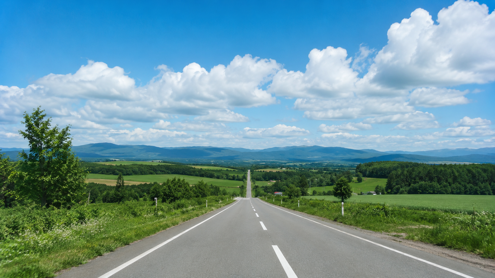 北海道レンタカーで走りたい地平線までまっすぐ続く天に続く道をイメージした道路