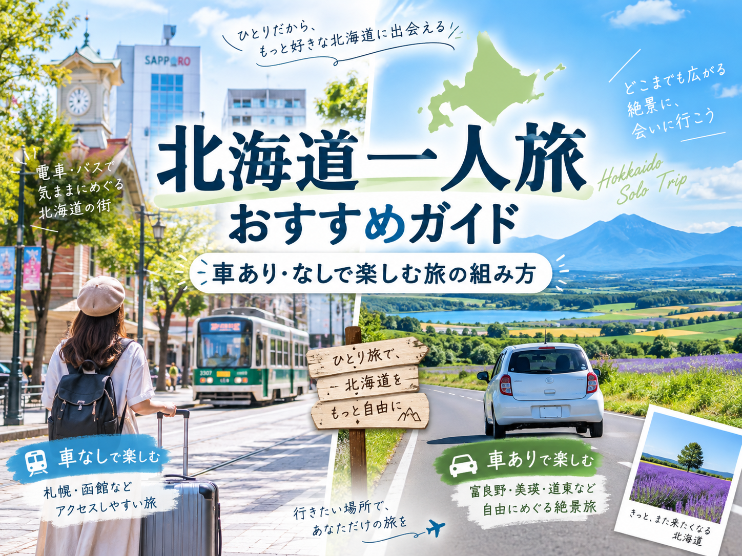 北海道一人旅で車なしの街歩きとレンタカードライブを楽しむ旅行イメージ