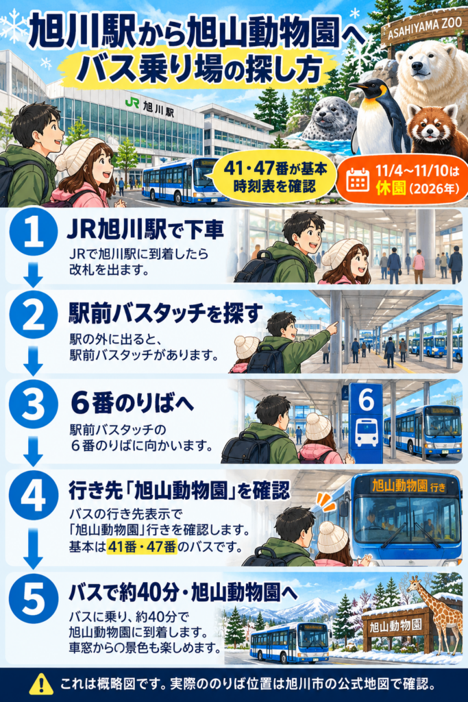 JR旭川駅で下車し、旭川駅前バスタッチ6番のりばから旭山動物園行きバスに乗るまでの5ステップ概略イラスト