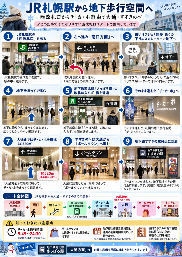 JR札幌駅の西改札口から南口方面へ進み、地下へ降りてチ・カ・ホへ向かう流れを示したAI生成の参考イラスト
