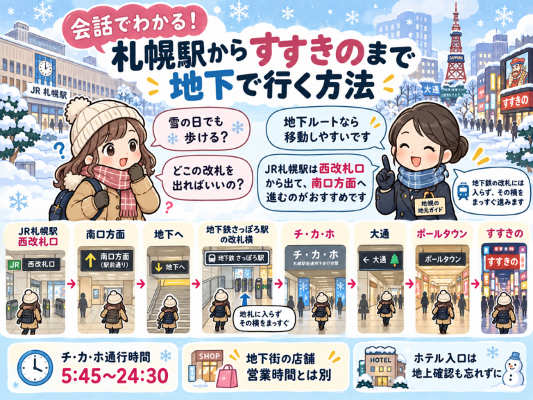 札幌駅からすすきのまで、西改札口・地下歩行空間・ポールタウンを会話形式で説明したルートイメージ図